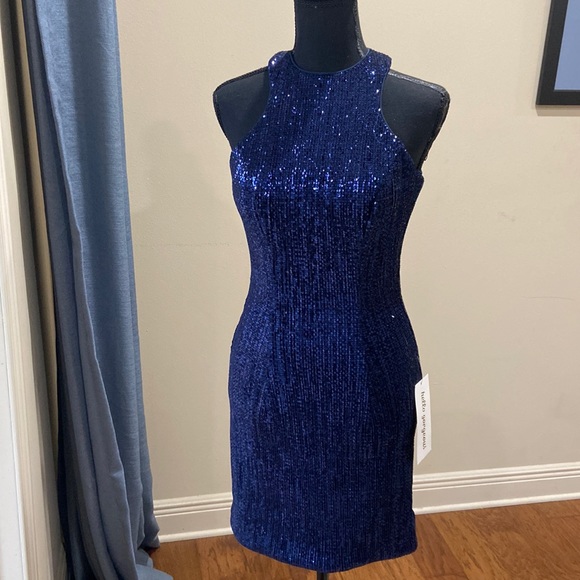 Temptation Navy Blue Sequin Homecoming Dress Sz 4. Keyhole back; Halter neckline - Picture 1 of 6